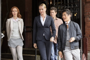 Rebecca Romijn, Lindy Booth, Christian Kane, and John Harlan Kim in The Librarians (2014)
